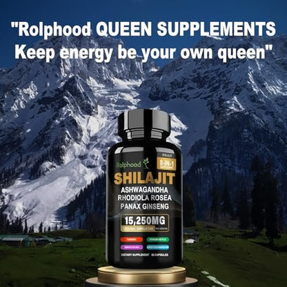 Rolphood Shilajit Kapseln für Männer/Frauen – Reines Himalaya Bio-Shilajit mit Ashwagandha, 60 Kapseln als Alternative zu Harz, Tropfen & Gummis