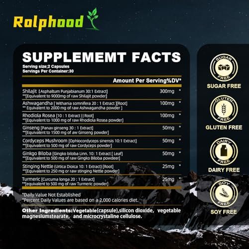 Rolphood Shilajit Kapseln für Männer/Frauen – Reines Himalaya Bio-Shilajit mit Ashwagandha, 60 Kapseln als Alternative zu Harz, Tropfen & Gummis