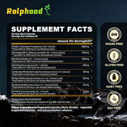 Rolphood Shilajit Kapseln für Männer/Frauen – Reines Himalaya Bio-Shilajit mit Ashwagandha, 60 Kapseln als Alternative zu Harz, Tropfen & Gummis
