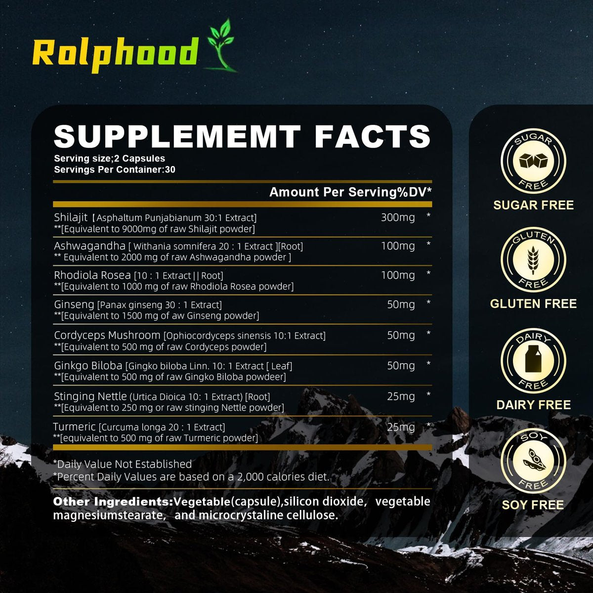 Rolphood Shilajit Kapseln für Männer/Frauen – Reines Himalaya Bio-Shilajit mit Ashwagandha, 60 Kapseln als Alternative zu Harz, Tropfen & Gummis