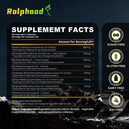 Rolphood Shilajit Kapseln für Männer/Frauen – Reines Himalaya Bio-Shilajit mit Ashwagandha, 60 Kapseln als Alternative zu Harz, Tropfen & Gummis
