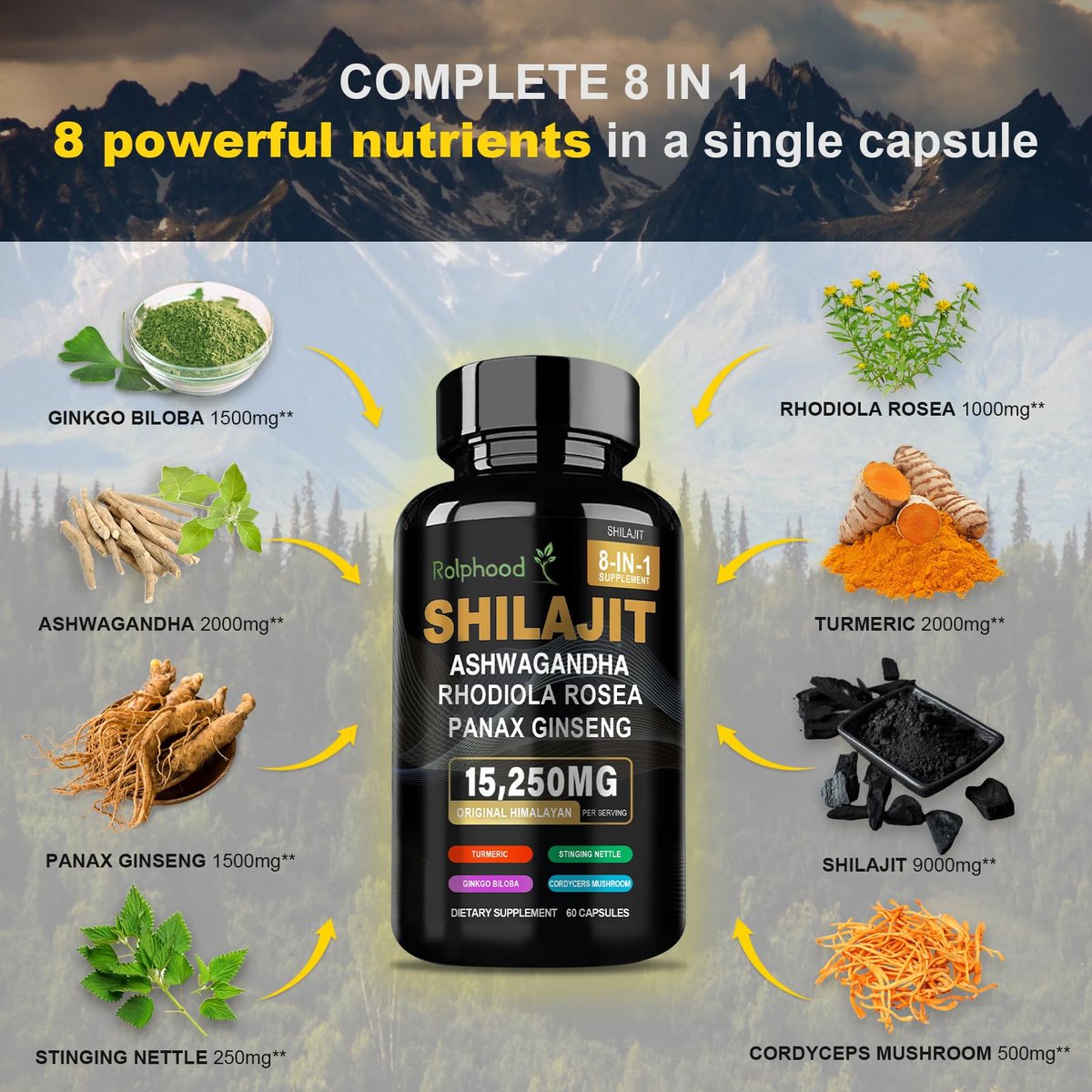 Rolphood Shilajit Kapseln für Männer/Frauen – Reines Himalaya Bio-Shilajit mit Ashwagandha, 60 Kapseln als Alternative zu Harz, Tropfen & Gummis