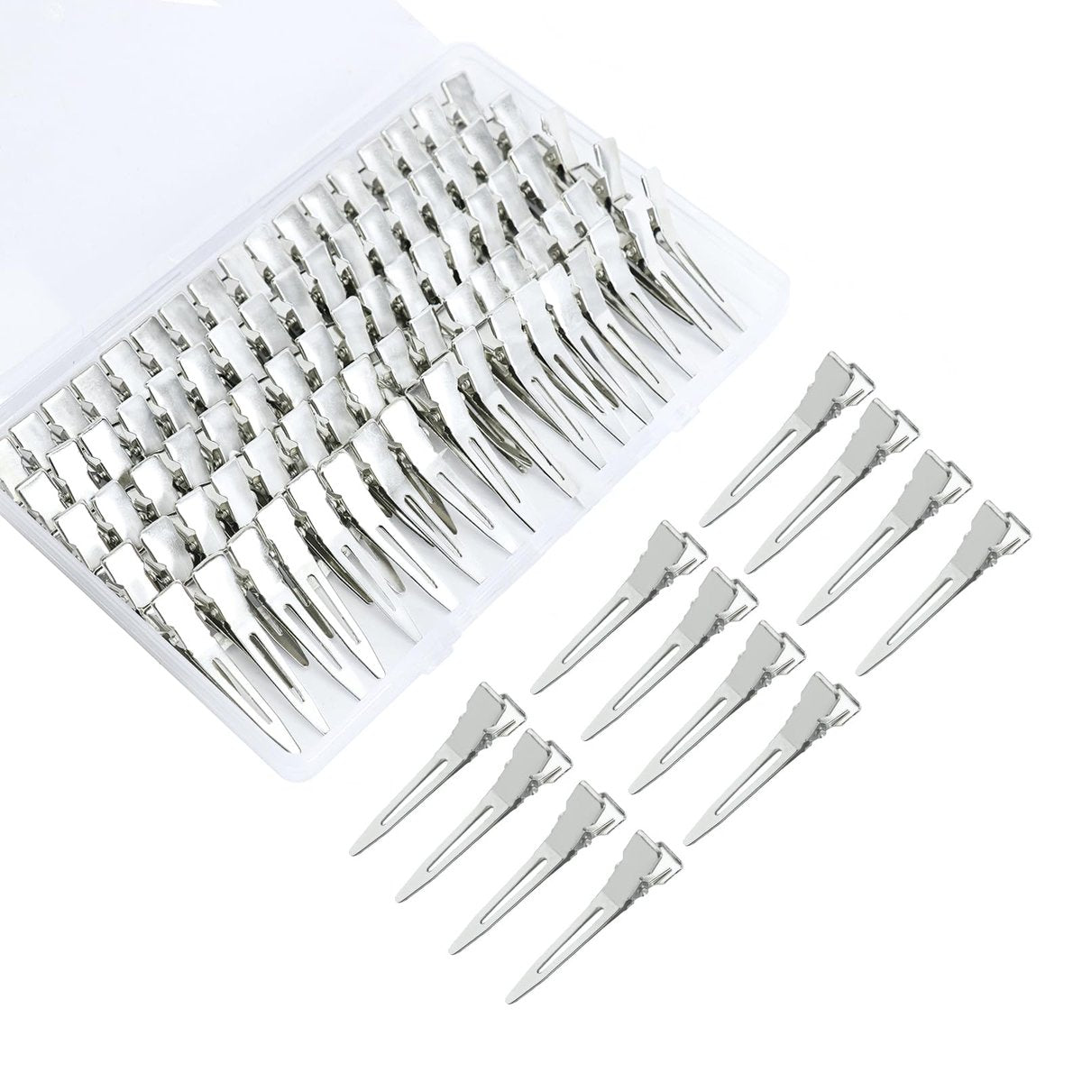 100er-Pack rostfreie Metall-Alligator-Clips 4,5 cm mit durchsichtiger Kunststoffbox – Haarstyling, Locken, Färben, DIY-Zubehör, Silber