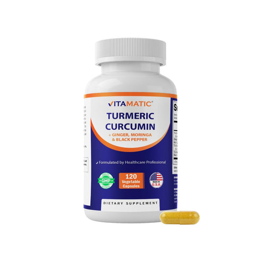 Vitamatic Curcumin 10:1 Extrakt 290 mg – Pflanzlicher Kurkuma-Extrakt mit Schwarzem Pfeffer 5mg, Ingwer 50mg & Moringa 500 mg – Vegetarisch, Ohne Gentechnik, Glutenfrei – 120 Kapseln