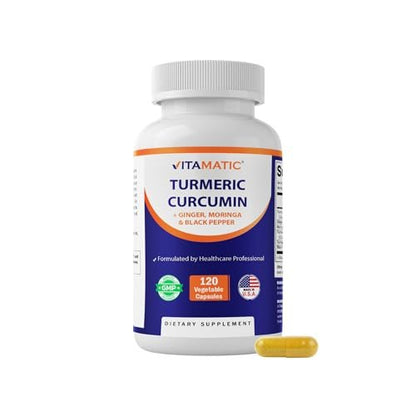 Vitamatic Curcumin 10:1 Extrakt 290 mg – Pflanzlicher Kurkuma-Extrakt mit Schwarzem Pfeffer 5mg, Ingwer 50mg & Moringa 500 mg – Vegetarisch, Ohne Gentechnik, Glutenfrei – 120 Kapseln