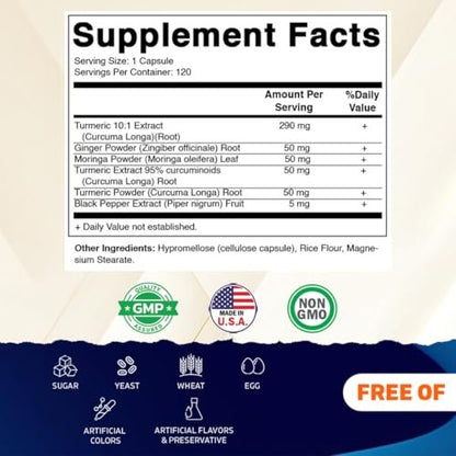 Vitamatic Curcumin 10:1 Extrakt 290 mg – Pflanzlicher Kurkuma-Extrakt mit Schwarzem Pfeffer 5mg, Ingwer 50mg & Moringa 500 mg – Vegetarisch, Ohne Gentechnik, Glutenfrei – 120 Kapseln