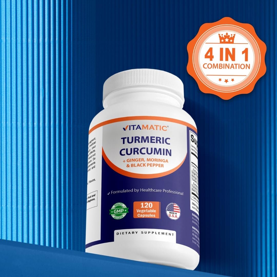 Vitamatic Curcumin 10:1 Extrakt 290 mg – Pflanzlicher Kurkuma-Extrakt mit Schwarzem Pfeffer 5mg, Ingwer 50mg & Moringa 500 mg – Vegetarisch, Ohne Gentechnik, Glutenfrei – 120 Kapseln