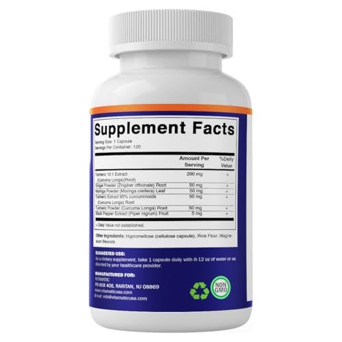 Vitamatic Curcumin 10:1 Extrakt 290 mg – Pflanzlicher Kurkuma-Extrakt mit Schwarzem Pfeffer 5mg, Ingwer 50mg & Moringa 500 mg – Vegetarisch, Ohne Gentechnik, Glutenfrei – 120 Kapseln