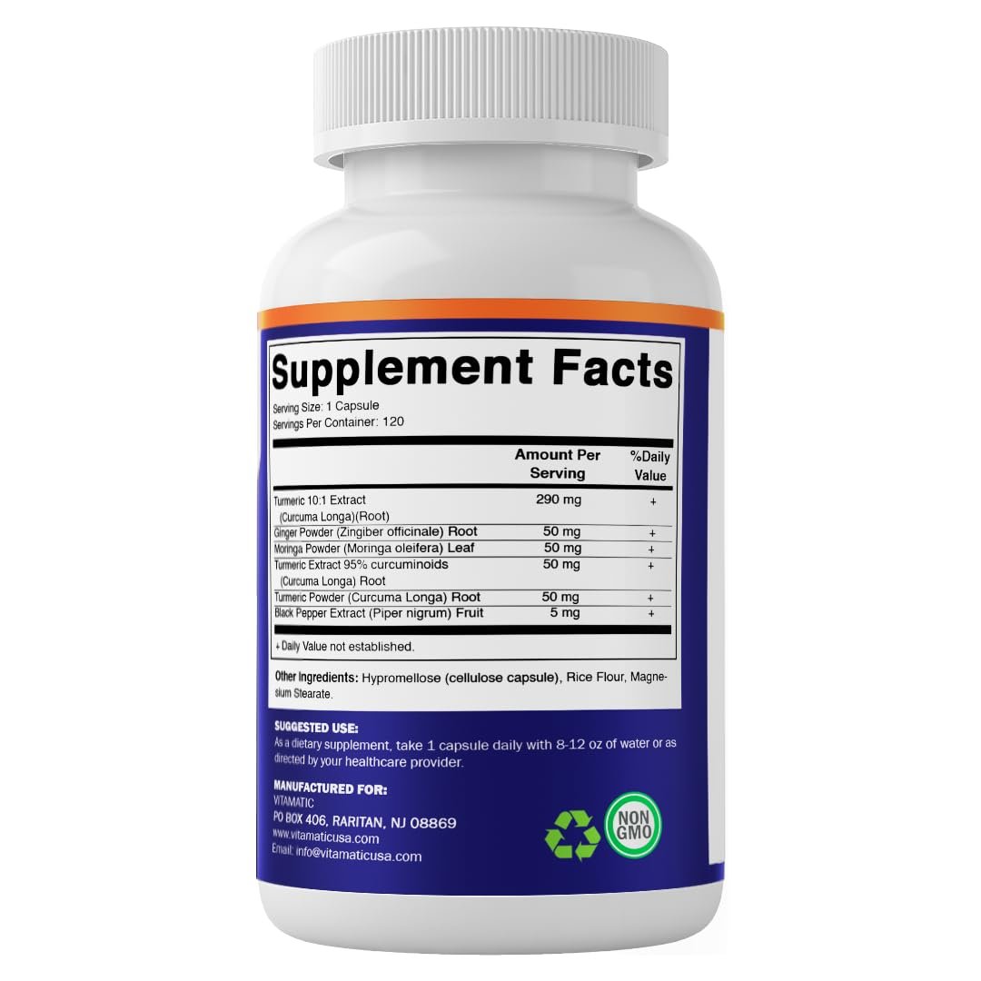 Vitamatic Curcumin 10:1 Extrakt 290 mg – Pflanzlicher Kurkuma-Extrakt mit Schwarzem Pfeffer 5mg, Ingwer 50mg & Moringa 500 mg – Vegetarisch, Ohne Gentechnik, Glutenfrei – 120 Kapseln