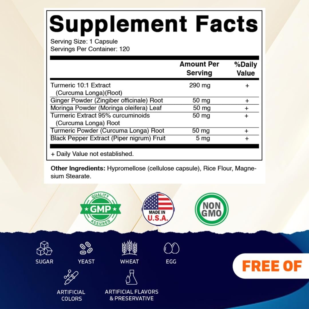 Vitamatic Curcumin 10:1 Extrakt 290 mg – Pflanzlicher Kurkuma-Extrakt mit Schwarzem Pfeffer 5mg, Ingwer 50mg & Moringa 500 mg – Vegetarisch, Ohne Gentechnik, Glutenfrei – 120 Kapseln