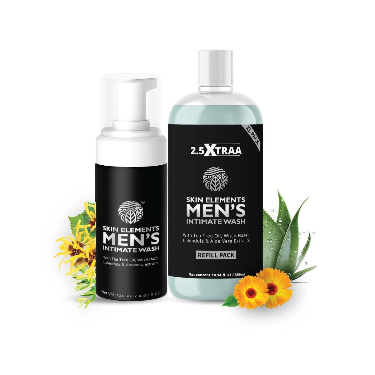 Skin Elements Männer Intimwaschgel JUMBO Pack | mit Nachfüllflasche | für 180 Tage | 14,2 fl. oz. | pH-ausgewogener Schaumreiniger | kontrolliert unangenehme Gerüche | Teebaumöl | Sparpaket