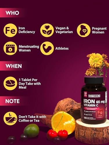 Eisenpräparat für Frauen und Männer – Hochdosiertes Eisen 65 mg mit Vitamin C 250 mg, magenfreundlich, vegan, ohne Gentechnik & glutenfrei, 180 Tabletten