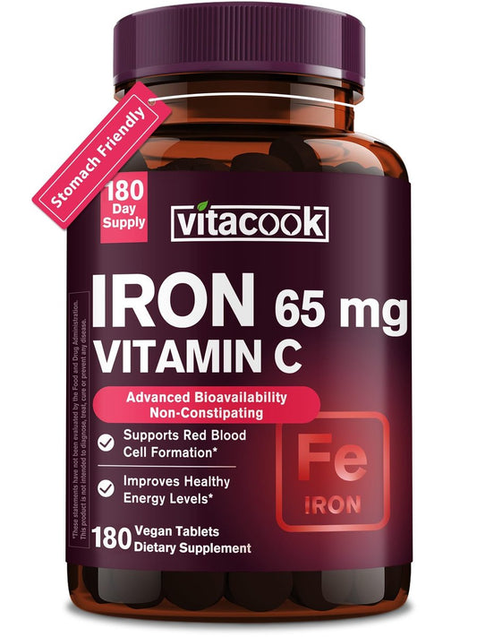 Eisenpräparat für Frauen und Männer – Hochdosiertes Eisen 65 mg mit Vitamin C 250 mg, magenfreundlich, vegan, ohne Gentechnik & glutenfrei, 180 Tabletten