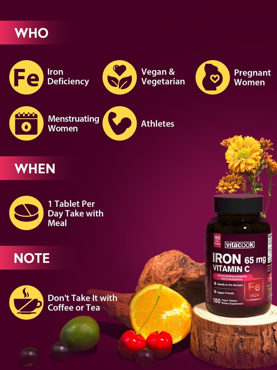 Eisenpräparat für Frauen und Männer – Hochdosiertes Eisen 65 mg mit Vitamin C 250 mg, magenfreundlich, vegan, ohne Gentechnik & glutenfrei, 180 Tabletten