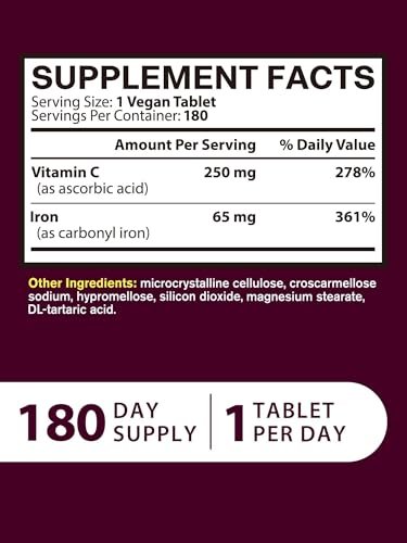Eisenpräparat für Frauen und Männer – Hochdosiertes Eisen 65 mg mit Vitamin C 250 mg, magenfreundlich, vegan, ohne Gentechnik & glutenfrei, 180 Tabletten