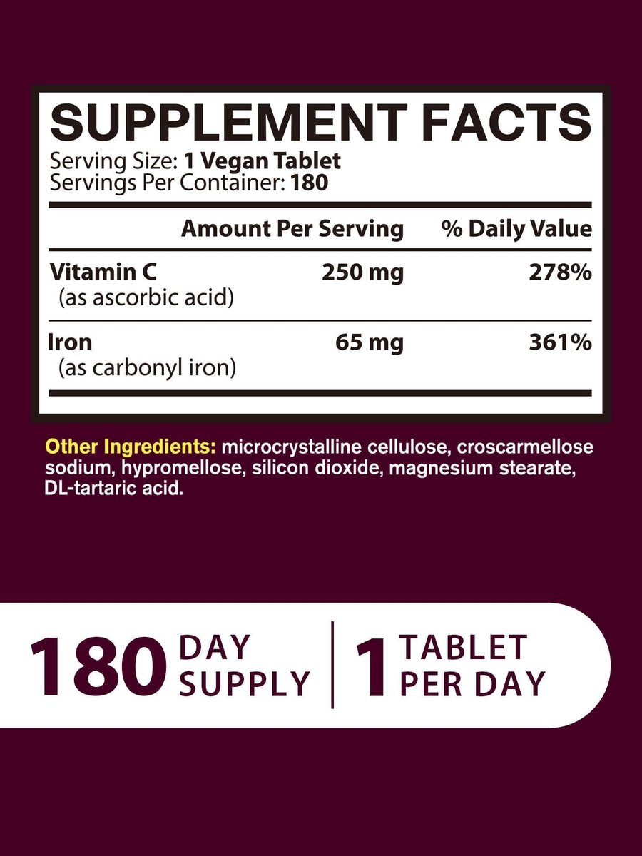 Eisenpräparat für Frauen und Männer – Hochdosiertes Eisen 65 mg mit Vitamin C 250 mg, magenfreundlich, vegan, ohne Gentechnik & glutenfrei, 180 Tabletten