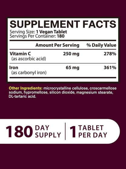 Eisenpräparat für Frauen und Männer – Hochdosiertes Eisen 65 mg mit Vitamin C 250 mg, magenfreundlich, vegan, ohne Gentechnik & glutenfrei, 180 Tabletten