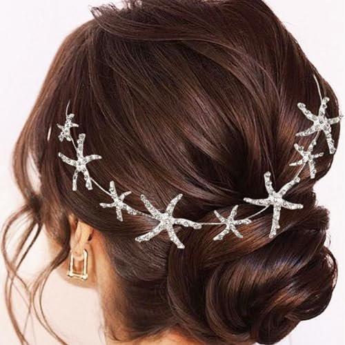 Jaczora Silberner Seestern-Stirnreif mit Strass, Muschel-Stirnreif-Haarklammer, Strass-Hochzeits-Schmuck-Haaraccessoire für Frauen und Mädchen
