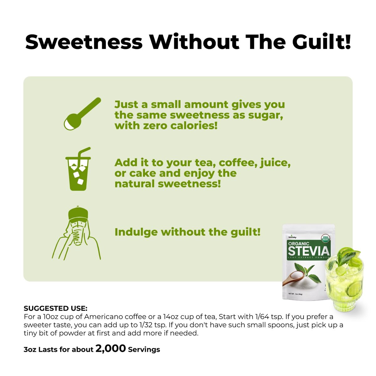 Viccoky Bio Stevia Pulver 85g (3oz) – Reiner Stevia-Extrakt, Zuckerfrei & 0 Kalorien, ohne Zusätze, natürlicher Süßstoff