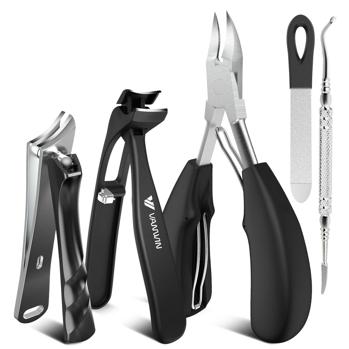 VANWIN Zehennagelknipser für dicke Zehennägel für Senioren, Schwerlast-Wide-Jaw-Zehennagelschere für dicke Nägel für Männer, abgewinkelter Kopf & 45° scharfer, schräger eingewachsener Zehennagelknipser-Set, Schwarz