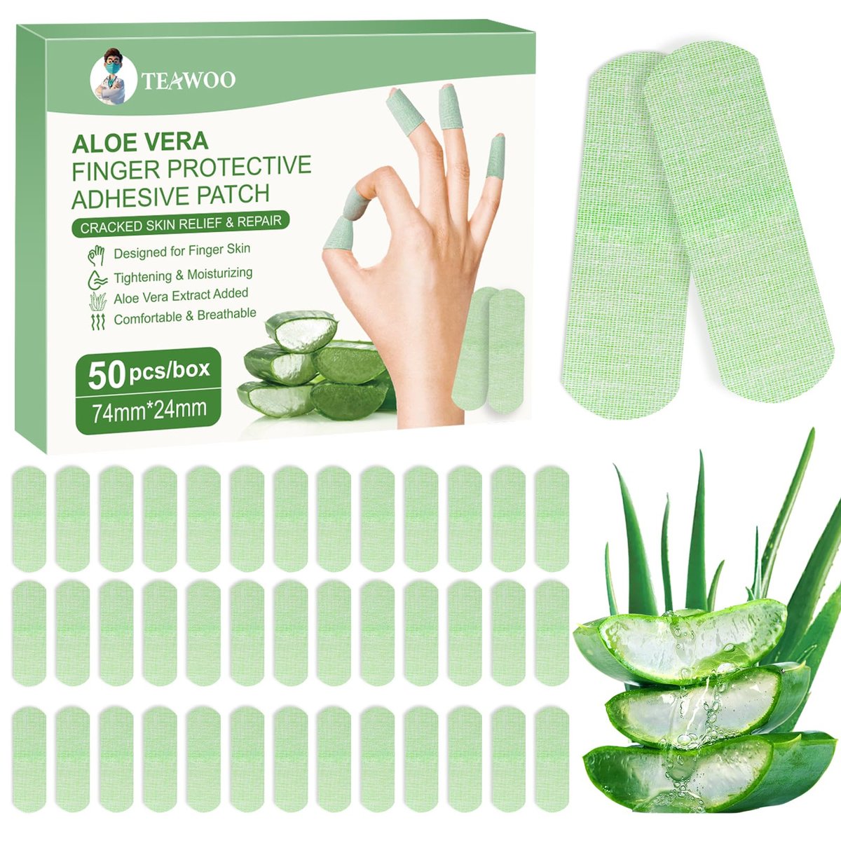 TEAWOO 50 Stück Aloe Vera Handpflege-Pflaster gegen rissige Hände, trockene Haut Reparatur-Bandage