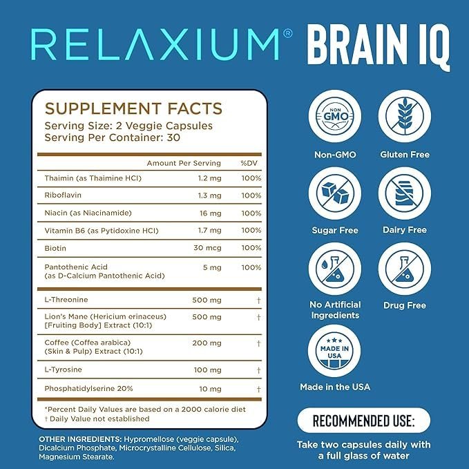 Relaxium BrainIQ Nootropikum – Gedächtnisergänzung mit Löwenmähne, L-Threonin & Kaffeeextrakt – 60 Kapseln