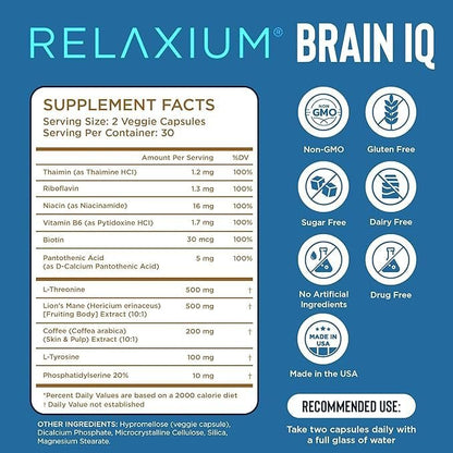 Relaxium BrainIQ Nootropikum – Gedächtnisergänzung mit Löwenmähne, L-Threonin & Kaffeeextrakt – 60 Kapseln