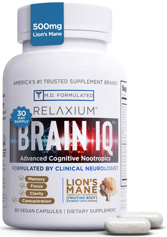 Relaxium BrainIQ Nootropikum – Gedächtnisergänzung mit Löwenmähne, L-Threonin & Kaffeeextrakt – 60 Kapseln