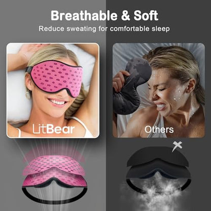 LitBear Atmungsaktive Schlafmaske 3D – Leichte, lichtblockierende Schlafbrille für Seitenschläfer, Frauen und Männer, mit verstellbarem Band, weiche Augenmaske für Reisen, Nachtschichten, Nickerchen, Büro – Pink