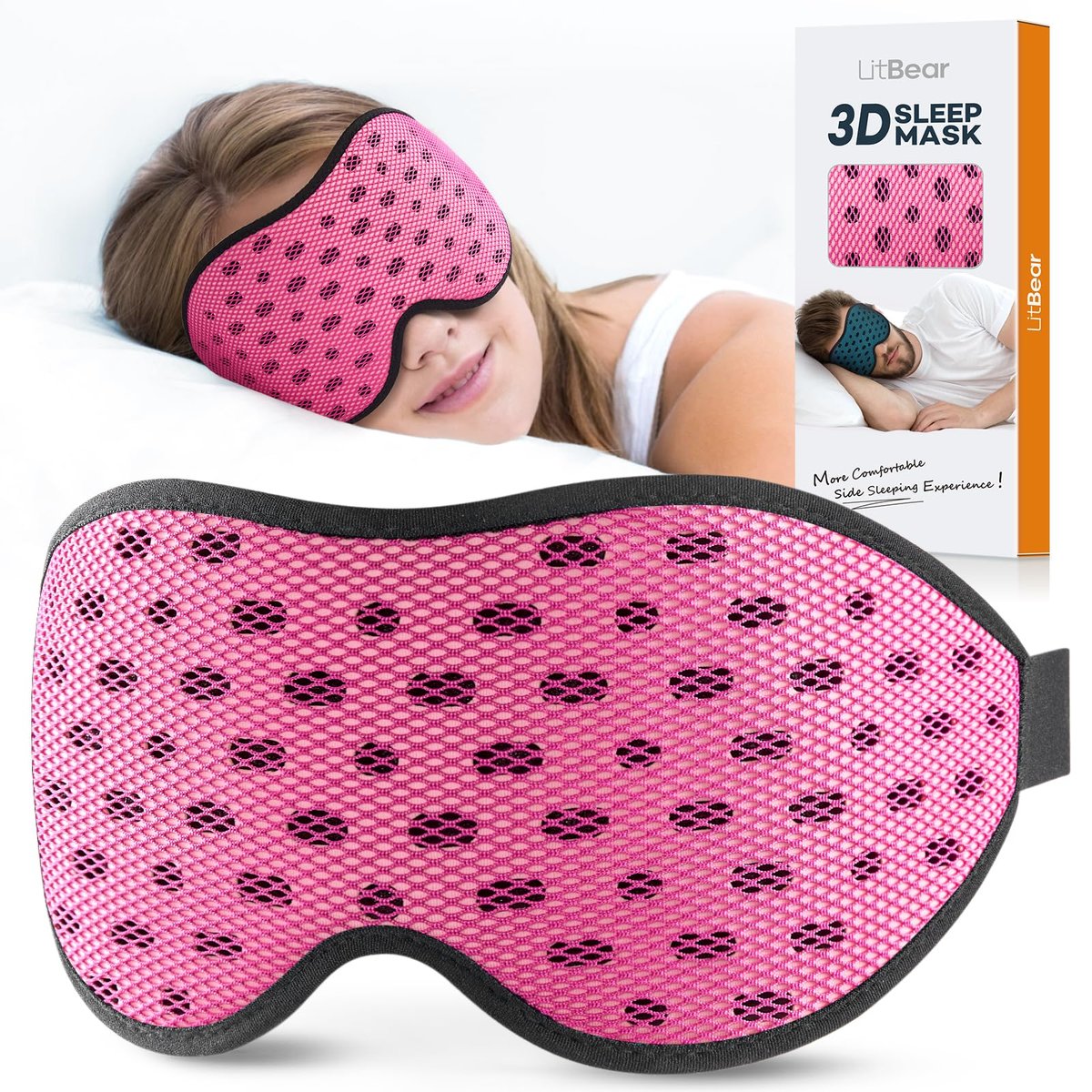 LitBear Atmungsaktive Schlafmaske 3D – Leichte, lichtblockierende Schlafbrille für Seitenschläfer, Frauen und Männer, mit verstellbarem Band, weiche Augenmaske für Reisen, Nachtschichten, Nickerchen, Büro – Pink