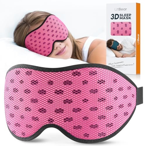 LitBear Atmungsaktive Schlafmaske 3D – Leichte, lichtblockierende Schlafbrille für Seitenschläfer, Frauen und Männer, mit verstellbarem Band, weiche Augenmaske für Reisen, Nachtschichten, Nickerchen, Büro – Pink