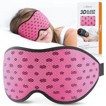 LitBear Atmungsaktive Schlafmaske 3D – Leichte, lichtblockierende Schlafbrille für Seitenschläfer, Frauen und Männer, mit verstellbarem Band, weiche Augenmaske für Reisen, Nachtschichten, Nickerchen, Büro – Pink