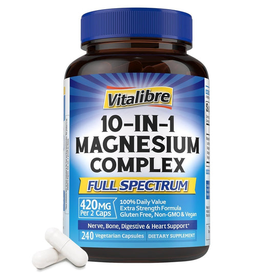 Vitalibre 10-in-1 Magnesium Komplex, 420 mg Elementares Magnesium | Höchste Stärke, Maximale Absorption | Chelat-Magnesium für Nerven-, Knochen- & Herzgesundheit | Nicht-GVO, 240 Vegane Kapseln