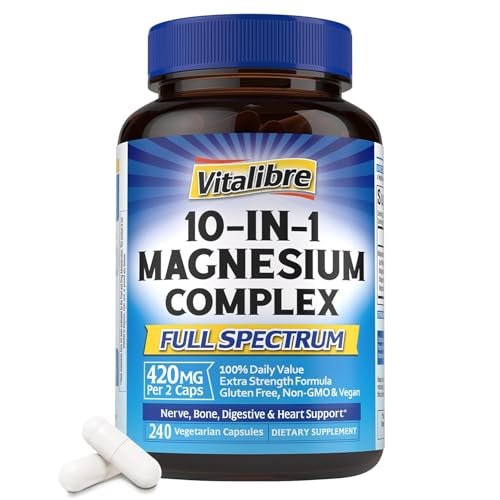 Vitalibre 10-in-1 Magnesium Komplex, 420 mg Elementares Magnesium | Höchste Stärke, Maximale Absorption | Chelat-Magnesium für Nerven-, Knochen- & Herzgesundheit | Nicht-GVO, 240 Vegane Kapseln