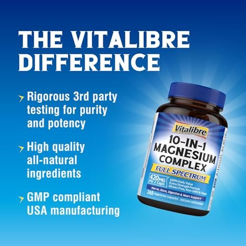 Vitalibre 10-in-1 Magnesium Komplex, 420 mg Elementares Magnesium | Höchste Stärke, Maximale Absorption | Chelat-Magnesium für Nerven-, Knochen- & Herzgesundheit | Nicht-GVO, 240 Vegane Kapseln