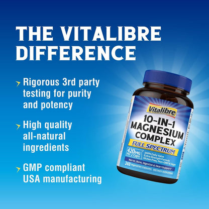 Vitalibre 10-in-1 Magnesium Komplex, 420 mg Elementares Magnesium | Höchste Stärke, Maximale Absorption | Chelat-Magnesium für Nerven-, Knochen- & Herzgesundheit | Nicht-GVO, 240 Vegane Kapseln