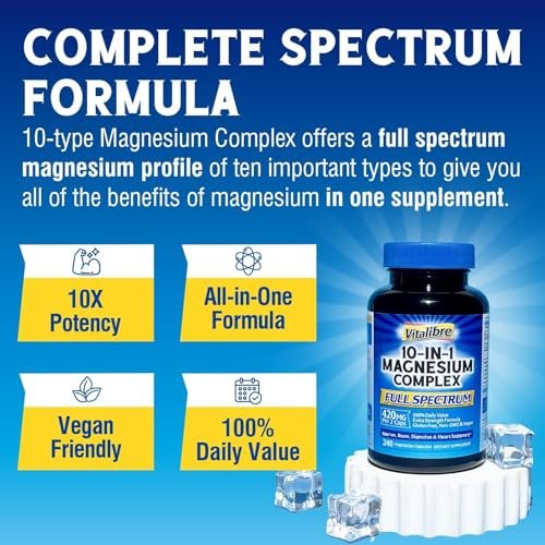 Vitalibre 10-in-1 Magnesium Komplex, 420 mg Elementares Magnesium | Höchste Stärke, Maximale Absorption | Chelat-Magnesium für Nerven-, Knochen- & Herzgesundheit | Nicht-GVO, 240 Vegane Kapseln