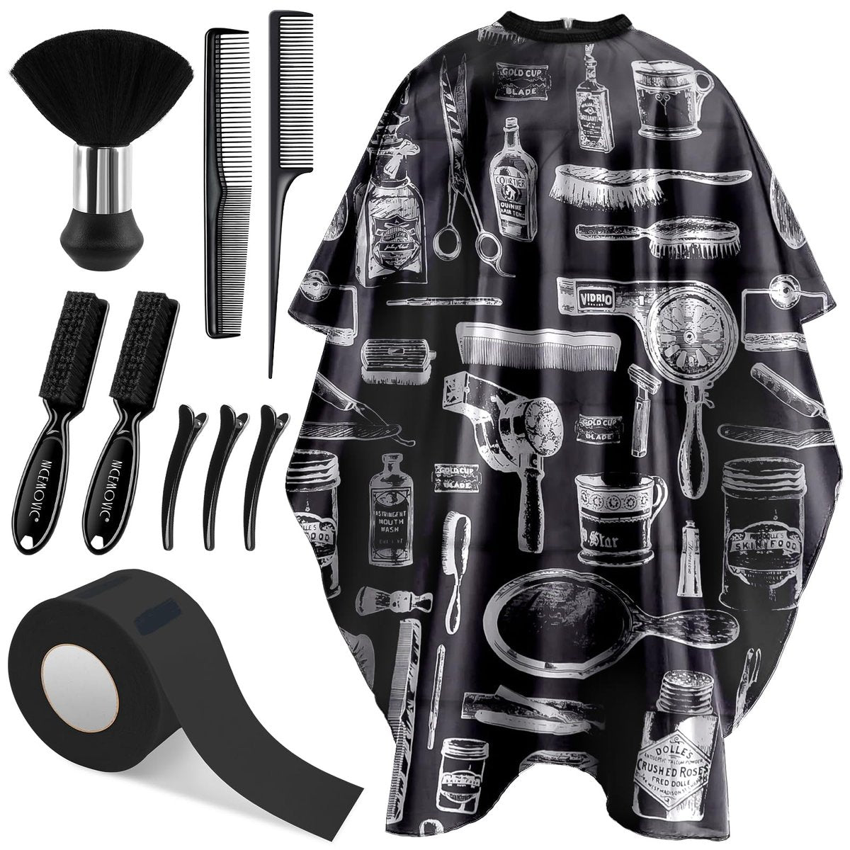 NICEMOVIC 10-in-1 Haarschneide-Umhang mit Nackenpinsel, Friseurbürste, Nackenstreifen, Haarkämmen und Haarklammern - Professionelles Friseurzubehör für Salon, Haarschnitt und Styling