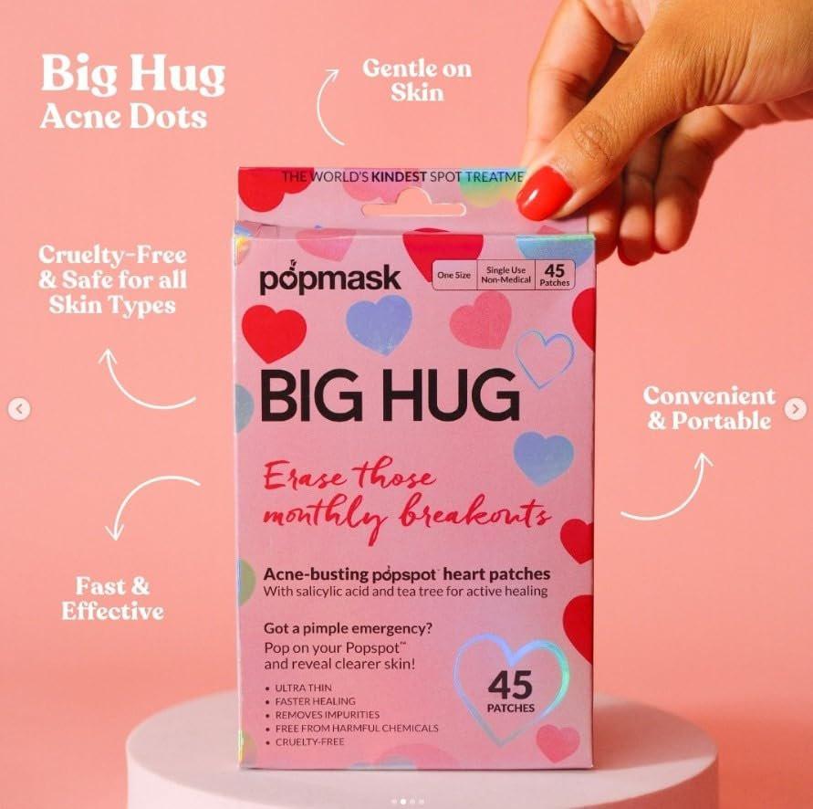 POPMASK Big Hug Hydrokolloid-Pickel-Pflaster mit Salicylsäure zur Behandlung von Pickeln & Beruhigung der Haut, 45 farbige Herzförmige Pflaster