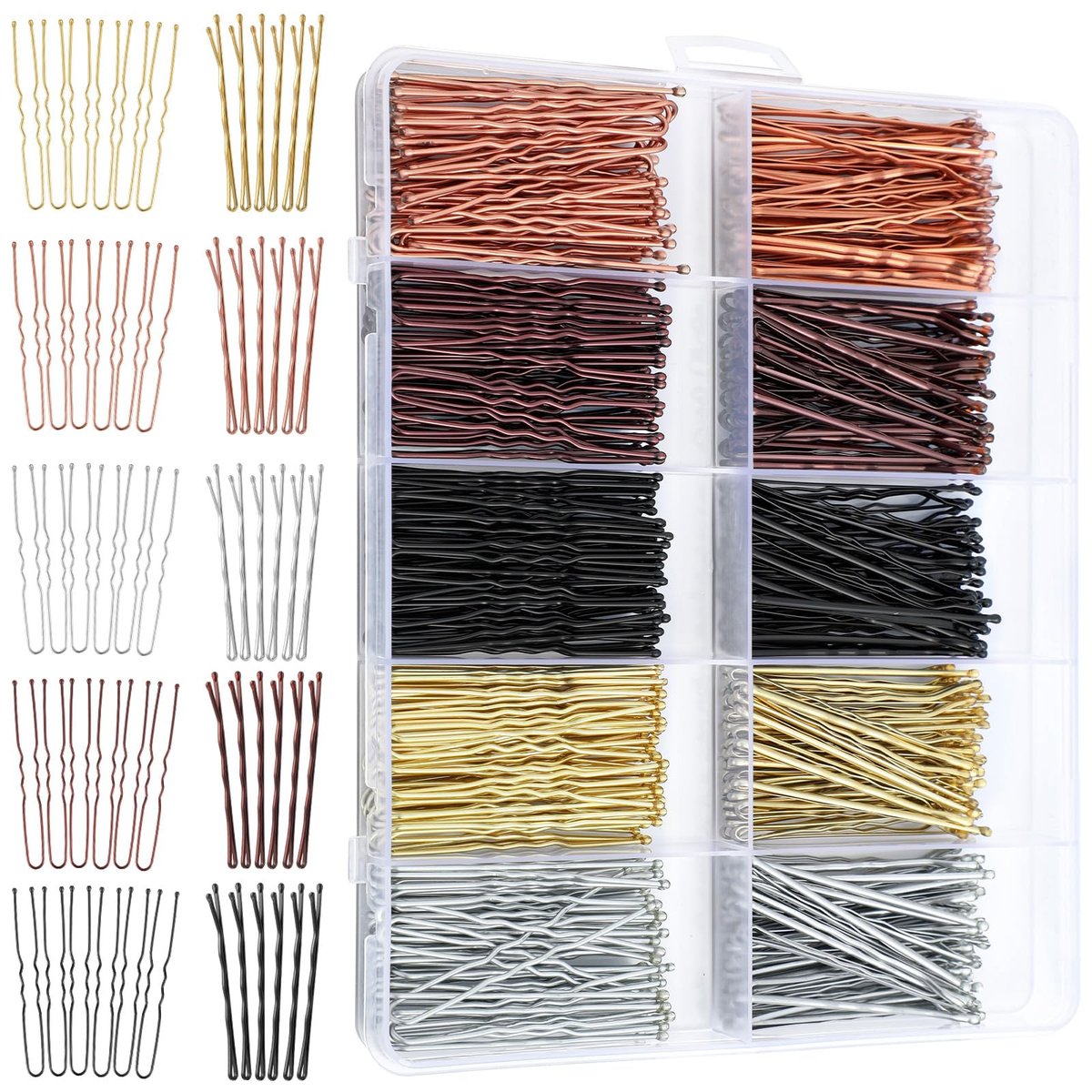 400-teiliges Bobby-Pins-Set, 5 cm Haarspangen für Frauen und Mädchen, U-förmige Haarnadeln für Dutts, 5 Farben Braun, Blond, Schwarz, Styling-Nadeln mit Aufbewahrungsbox