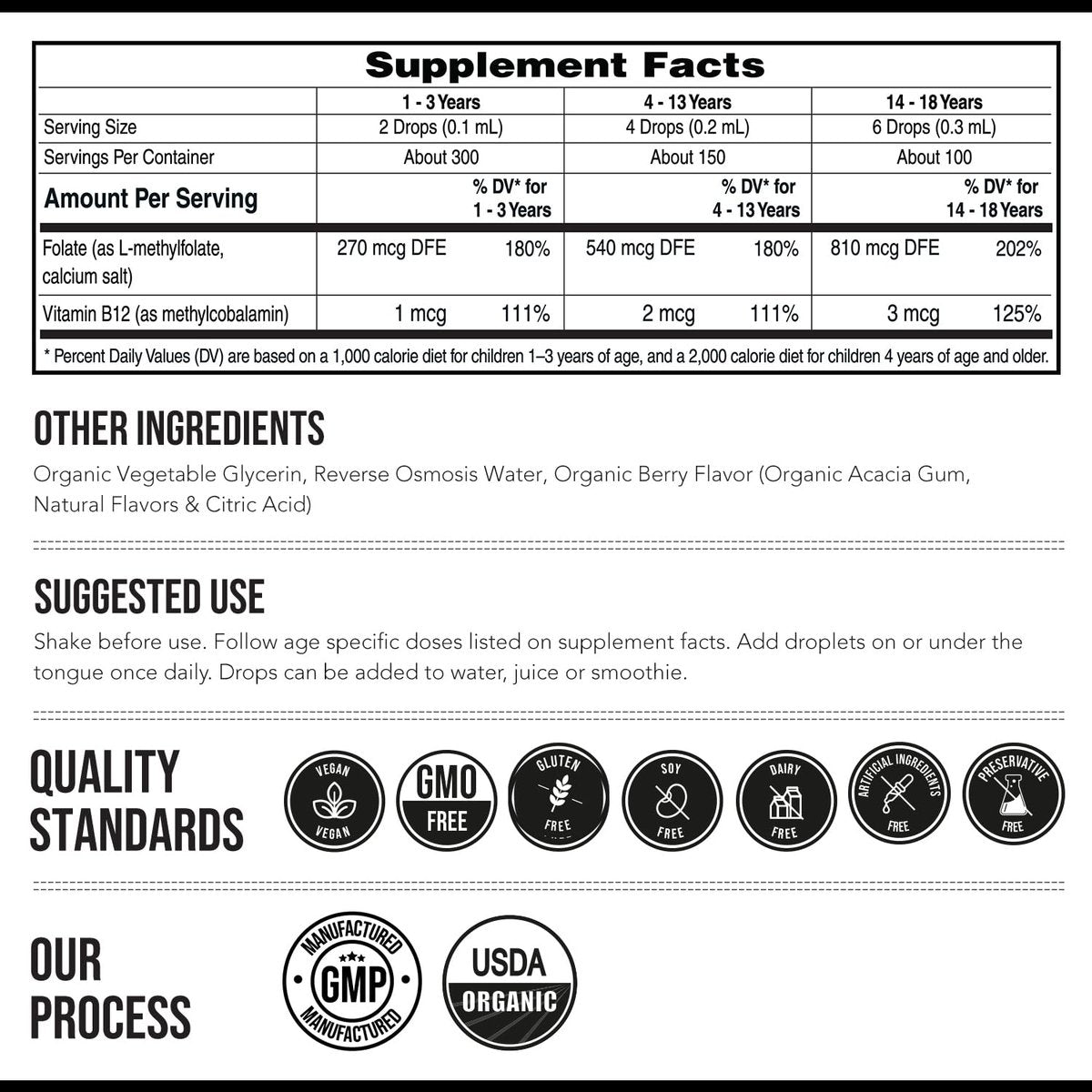 Bio L-Methylfolat + Methyl B12 Cofaktor für Kinder – MTHFR Sublingual – 5-MTHF, überlegene Form von Folsäure – Anpassbare Dosierung für alle Altersstufen – Stimmung, Verhalten, Kognition – Bio-Beeren-Geschmack, 30 ml