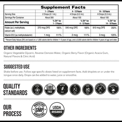 Bio L-Methylfolat + Methyl B12 Cofaktor für Kinder – MTHFR Sublingual – 5-MTHF, überlegene Form von Folsäure – Anpassbare Dosierung für alle Altersstufen – Stimmung, Verhalten, Kognition – Bio-Beeren-Geschmack, 30 ml
