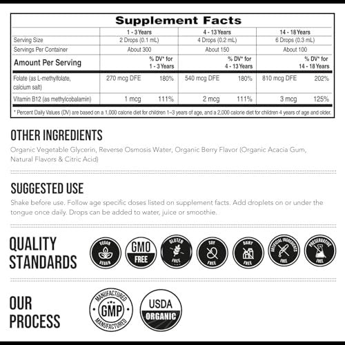 Bio L-Methylfolat + Methyl B12 Cofaktor für Kinder – MTHFR Sublingual – 5-MTHF, überlegene Form von Folsäure – Anpassbare Dosierung für alle Altersstufen – Stimmung, Verhalten, Kognition – Bio-Beeren-Geschmack, 30 ml