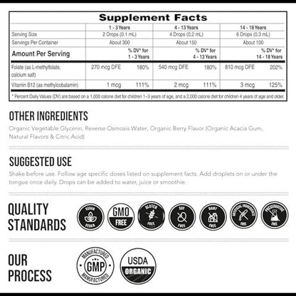 Bio L-Methylfolat + Methyl B12 Cofaktor für Kinder – MTHFR Sublingual – 5-MTHF, überlegene Form von Folsäure – Anpassbare Dosierung für alle Altersstufen – Stimmung, Verhalten, Kognition – Bio-Beeren-Geschmack, 30 ml