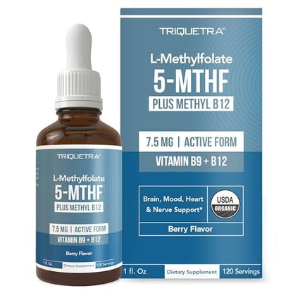 Organisches L-Methylfolat 7,5 mg plus Methyl-B12-Cofaktor – Bioaktive 5-MTHF-Form, überlegene Folatform – Bio-Beeren-Geschmack, flüssig sublingual – Stimmung, Kognition, Methylierung (30 ml)