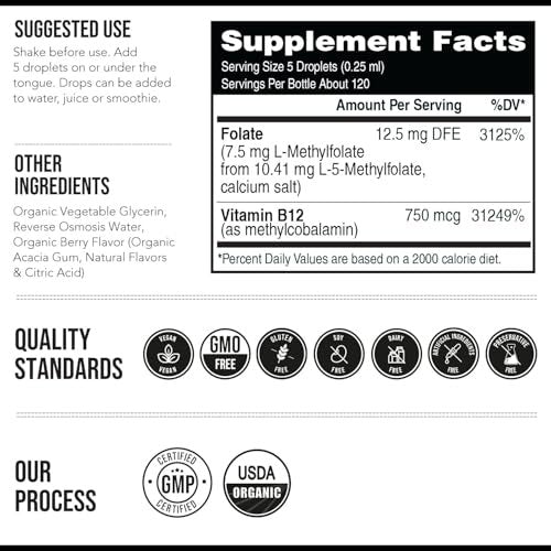 Organisches L-Methylfolat 7,5 mg plus Methyl-B12-Cofaktor – Bioaktive 5-MTHF-Form, überlegene Folatform – Bio-Beeren-Geschmack, flüssig sublingual – Stimmung, Kognition, Methylierung (30 ml)