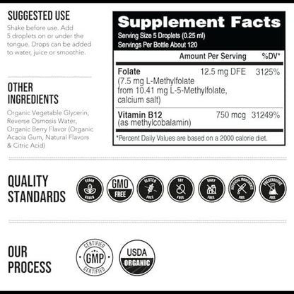 Organisches L-Methylfolat 7,5 mg plus Methyl-B12-Cofaktor – Bioaktive 5-MTHF-Form, überlegene Folatform – Bio-Beeren-Geschmack, flüssig sublingual – Stimmung, Kognition, Methylierung (30 ml)