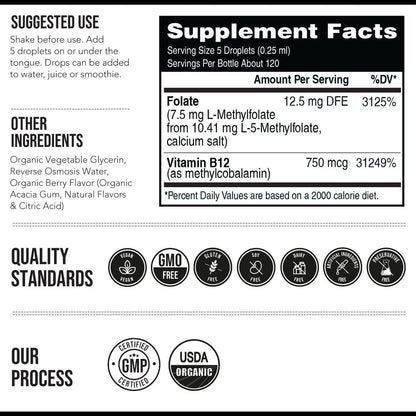 Organisches L-Methylfolat 7,5 mg plus Methyl-B12-Cofaktor – Bioaktive 5-MTHF-Form, überlegene Folatform – Bio-Beeren-Geschmack, flüssig sublingual – Stimmung, Kognition, Methylierung (30 ml)