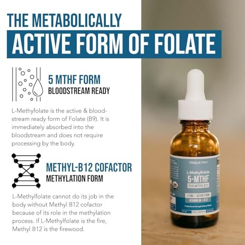 Organisches L-Methylfolat 7,5 mg plus Methyl-B12-Cofaktor – Bioaktive 5-MTHF-Form, überlegene Folatform – Bio-Beeren-Geschmack, flüssig sublingual – Stimmung, Kognition, Methylierung (30 ml)