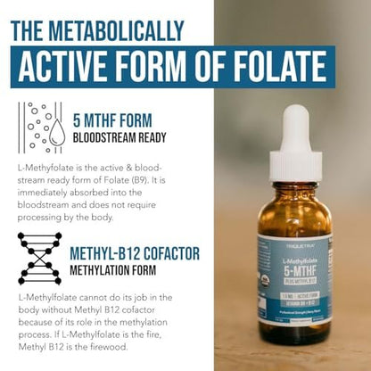 Organisches L-Methylfolat 7,5 mg plus Methyl-B12-Cofaktor – Bioaktive 5-MTHF-Form, überlegene Folatform – Bio-Beeren-Geschmack, flüssig sublingual – Stimmung, Kognition, Methylierung (30 ml)